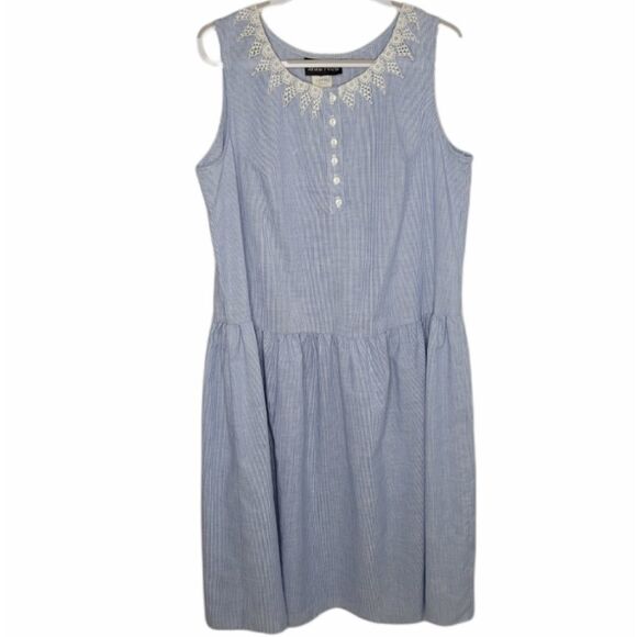 VINTAGE 80s sleeveless pinstripe‎ drop waist lace collar midi dress volup 1X - Picture 1 of 11